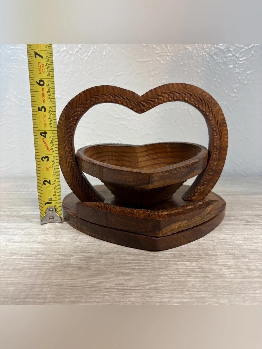 Vintage Hand Carved Heart Shaped Collapsible Wooden Fruit Basket Folding Trivet